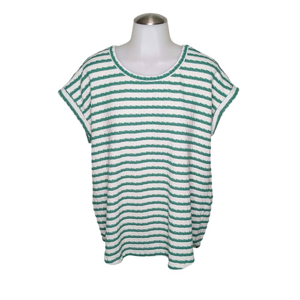 Maurices Women's Short Sleeve Shirt Clara Striped Large Relaxed Textured Green